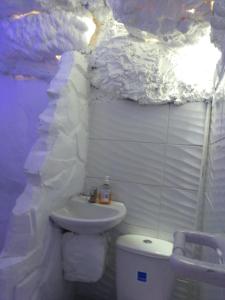 a white bathroom with a toilet and a sink at Glamping Spa & Coffee Tour in Medellín