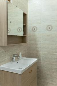 a bathroom with a sink and a mirror at Cozy apartment on the picturesque Niraj Valley in Păsăreni