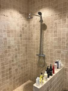 een douche in de badkamer met een wastafel en een douche bij Atelier dans un hotel particulier in Pont-Audemer