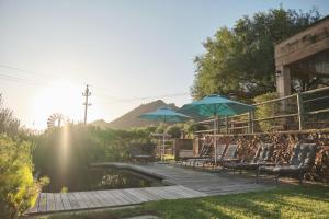 eine Terrasse mit Stühlen und Sonnenschirmen neben einem Teich in der Unterkunft Heuwelsig Cottages in Franschhoek