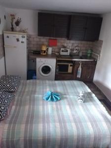 uma cozinha com uma cama com um arco azul em B&B Jonovic em Donji Milanovac