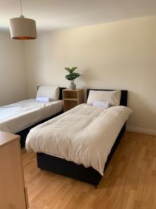 a bedroom with two beds and a potted plant at City Centre Penthouse in Southampton