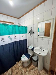 y baño con aseo y lavamanos. en Cabaña Puerto Sánchez RYS Patagonia A, 