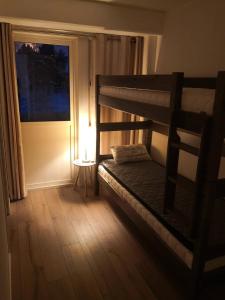 BjorliにあるBjorli Apartment 203 (200m til Skitrekk)のベッドルーム1室(二段ベッド1組、ランプ、窓付)