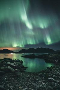 an aurora over a body of water at night at Lyngen Alps Panorama in Russelv