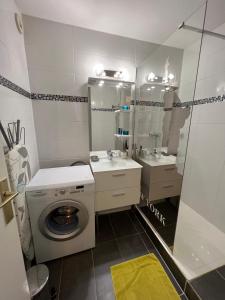 ein Badezimmer mit einer Waschmaschine und einem Waschbecken in der Unterkunft Studio Aphyllante, Carnon plage, 3 étoiles in Carnon-Plage