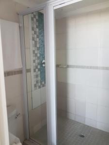 bagno con doccia e porta in vetro di Seagull Beach resort flat number 313 a Margate