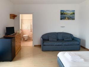 un salon avec un canapé bleu et une salle de bains. dans l'établissement Agritur al Vigneto, à Trente