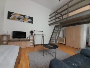a living room with a loft bed and a couch at Főtér Apartman Baja in Baja
