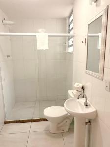 y baño con aseo, lavabo y ducha. en HMG Morada & Chalet - Centro histórico, en Petrópolis