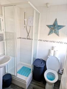 a bathroom with a shower and a toilet and a sink at Chalet Ty Lilli Wen sleep 6 in Kidwelly