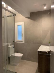 a bathroom with a toilet and a sink and a shower at Apartamento nuevo, 3 dormitorios con terraza in Granada