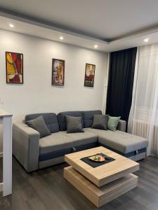a living room with a couch and a coffee table at Apartman Mici in Niš