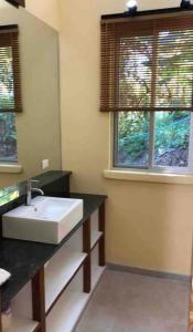 a bathroom with a white sink and a window at Jungle Villa copa de árbol, oceanview, infinity in Montezuma