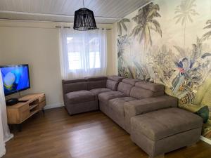 a living room with a couch and a flat screen tv at La Cayenne in Salazie