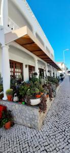 Een gebouw met een stel potplanten erop. bij Guesthouse A Lareira in Aljezur