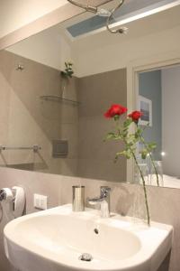 a bathroom sink with a red rose in a mirror at Roma Capoccia in Vaticano in Rome