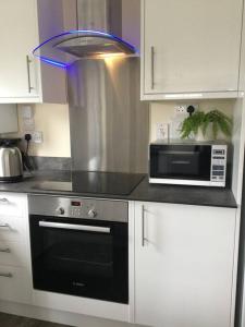 a kitchen with a stove and a microwave at Marios Lodge in Padstow
