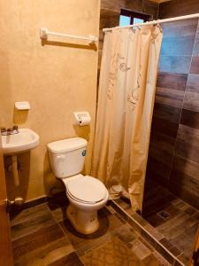 a bathroom with a toilet and a sink and a shower at Cabañas Zacatlan Zacapa in San José Ayotla