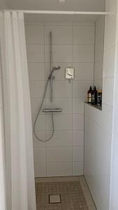 a shower in a bathroom with a shower curtain at Gästehaus Bönebüttel-nahe Neumünster Netflix in Bönebüttel
