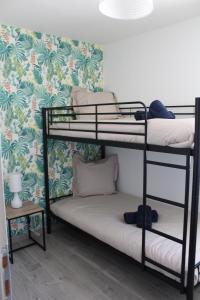 two bunk beds in a room with floral wallpaper at Gîte Lou, Gîte famille et bien être avec jacuzzi in Fontenay-le-Comte