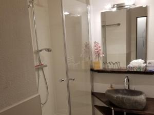 a bathroom with a sink and a shower with a mirror at Zirbenstüberl - Chiemgau Karte in Inzell +22 photos