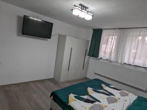 a bedroom with a bed and a flat screen tv at Garsoniera Brasov zarnesti in Zărneşti