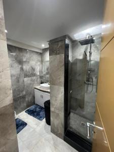 La salle de bains est pourvue d'une douche et d'un lavabo. dans l'établissement PALACE B Av Hassan II Marrakech 40000-Specious UNIT#7, à Marrakech