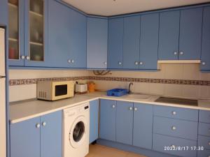 - une cuisine avec des placards bleus et un lave-linge/sèche-linge dans l'établissement Alojamiento roquetas de mar, à Roquetas de Mar
