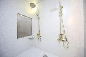baño con ducha y espejo en la pared en Masan First Class Hotel en Changwon