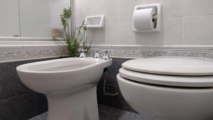 La salle de bains est pourvue de toilettes blanches et d'un lavabo. dans l'établissement SOLES Hostel Boutique, à Rosario