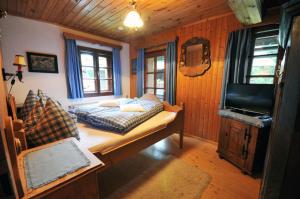 ein Schlafzimmer mit einem Bett und einem TV in einem Zimmer in der Unterkunft Haus am Bach in Bad Kleinkirchheim