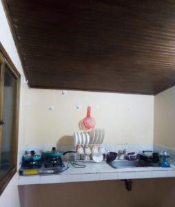 a kitchen counter with a stove and a sink at MI CABAÑA DE DESCANSO in Cucaita