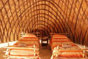 
three bunk beds in a room with a wall behind them at Mlilwane Wildlife Sanctuary in Lobamba
