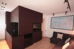 una sala de estar con un gran centro de entretenimiento negro en Modern Studio Apartments Old Town-Kazimierz, en Cracovia