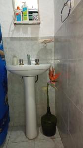 a bathroom with a sink and a vase with a flower at Casargentina Apart Depto entero Baño privado 15min Ezeiza in Monte Grande +19 photos