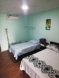two beds in a room with blue walls and wooden floors at Hostal My House Your House in David