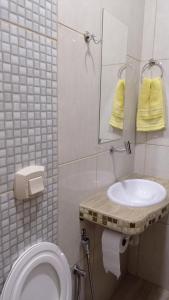 a bathroom with a toilet and a sink at Pousada Menina Moça in Olímpia