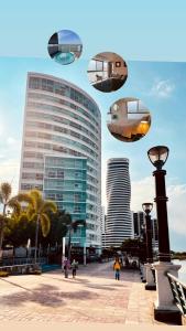 een collage van foto's van een stad met een gebouw bij Apartamento VISTA Al RIO PUERTO SANTANA Riverfront 1 in Guayaquil