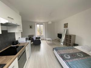 eine Küche und ein Wohnzimmer mit einem Bett in einem Zimmer in der Unterkunft Appartement Rénové avec Cuisine Américaine et WIFI, Proche des Thermes Saint Roch - FR-1-541-32 in La Roche-Posay