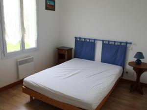 um quarto com uma cama com uma cortina azul em Maison La Roche-Posay, 3 pièces, 5 personnes - FR-1-541-47 em La Roche-Posay