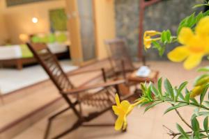 2 chaises sur une terrasse couverte avec une plante ornée de fleurs jaunes dans l'établissement Spring of Life, à Colombo