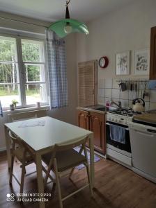 a kitchen with a table and a stove top oven at Leśna Polana in Lasowka