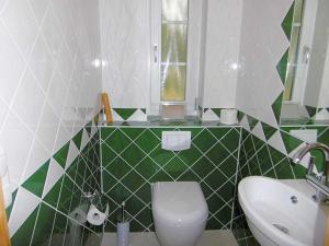 a green and white bathroom with a toilet and a sink at Ruegen_Fewo 19 in Ummanz