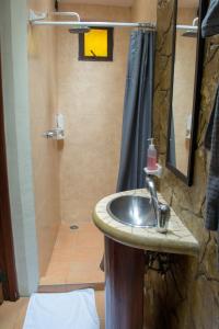 y baño con lavabo y ducha. en Arte Sano Hotel San Cristobal en San Cristóbal de Las Casas