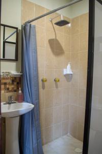 ducha con cortina azul y lavamanos en Arte Sano Hotel San Cristobal en San Cristóbal de Las Casas
