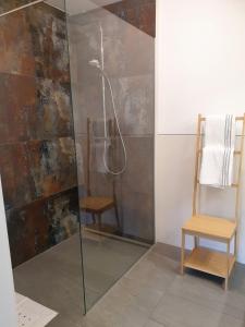 a shower with a glass door and a chair in a bathroom at Appartement Heimatliebe in Schladming