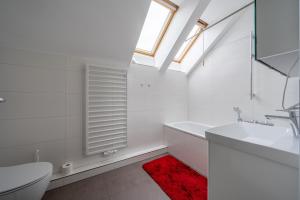 bagno con lavabo, servizi igienici e tappeto rosso di Private Rooms ad Hannover