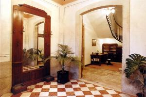 a hallway with two potted plants and a mirror at Pazo Almuzara in Boborás