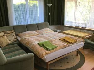 a bed in a living room with a couch at Komfortable Ferienwohnung mit herrlicher Aussicht in Sautens